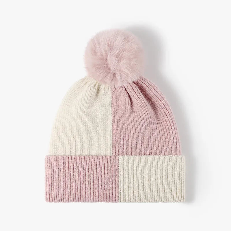 Playful Color Block Knit Hat with Pom-pom
