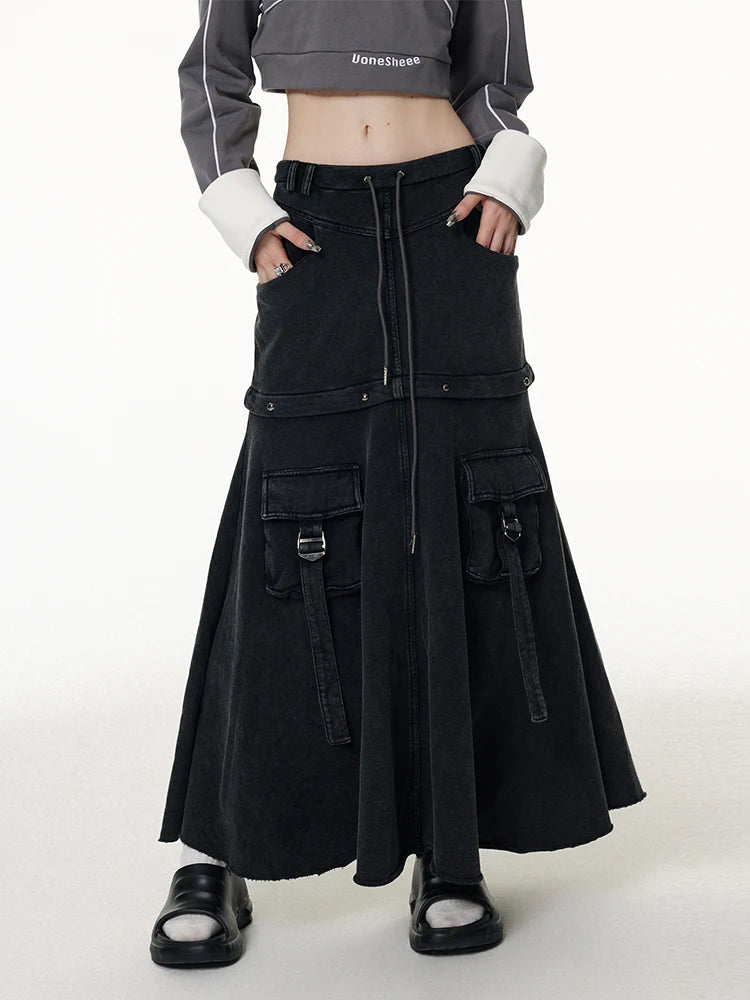 Y2K Vintage Black Denim Pocket Skirt for Women