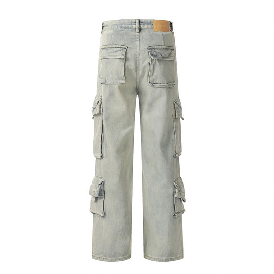 Retro Punk Washed Faded Denim Trousers for Men