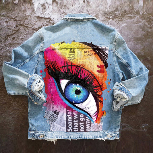 Harajuku Style Women's Lapel Denim Jacket with Unique Print