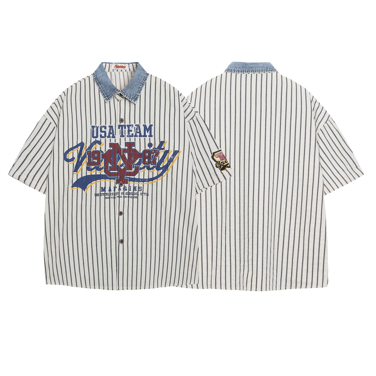 Retro Spliced Letter Print Striped Blouse