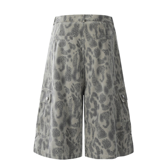 Leopard Print Distressed Cargo Shorts for Men