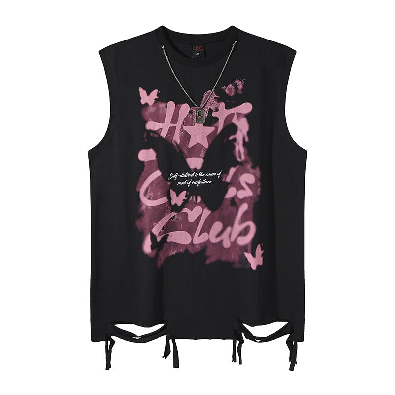 Harajuku Style Letter Print Distressed Sleeveless T-Shirt