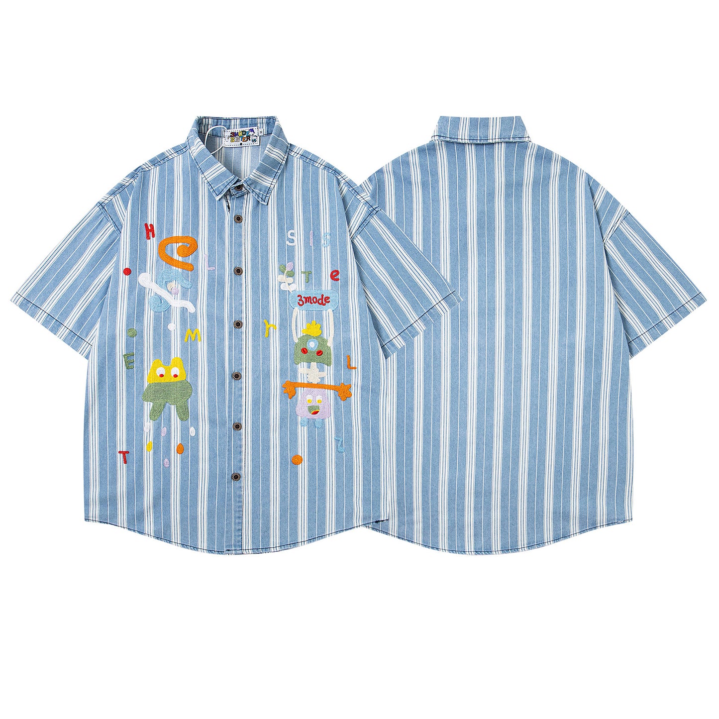 Retro Cartoon Embroidery Striped Denim Shirt