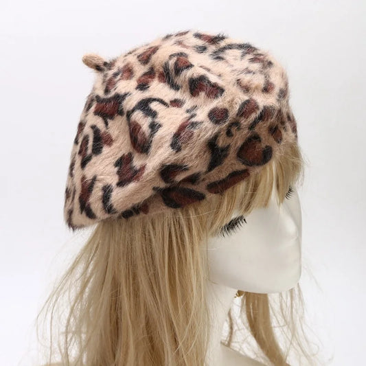 Leopard Print Rabbit Fur Beret - Playful Harajuku Hat