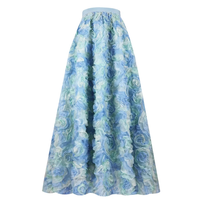 Playful 3D Blue Rose Tulle Midi Skirt - Harajuku Style