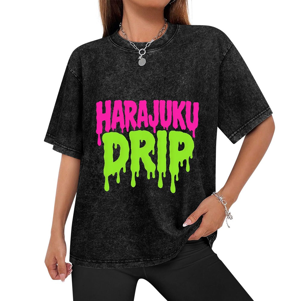 Harajuku Drip Vintage Wash Off Shoulder T-Shirt