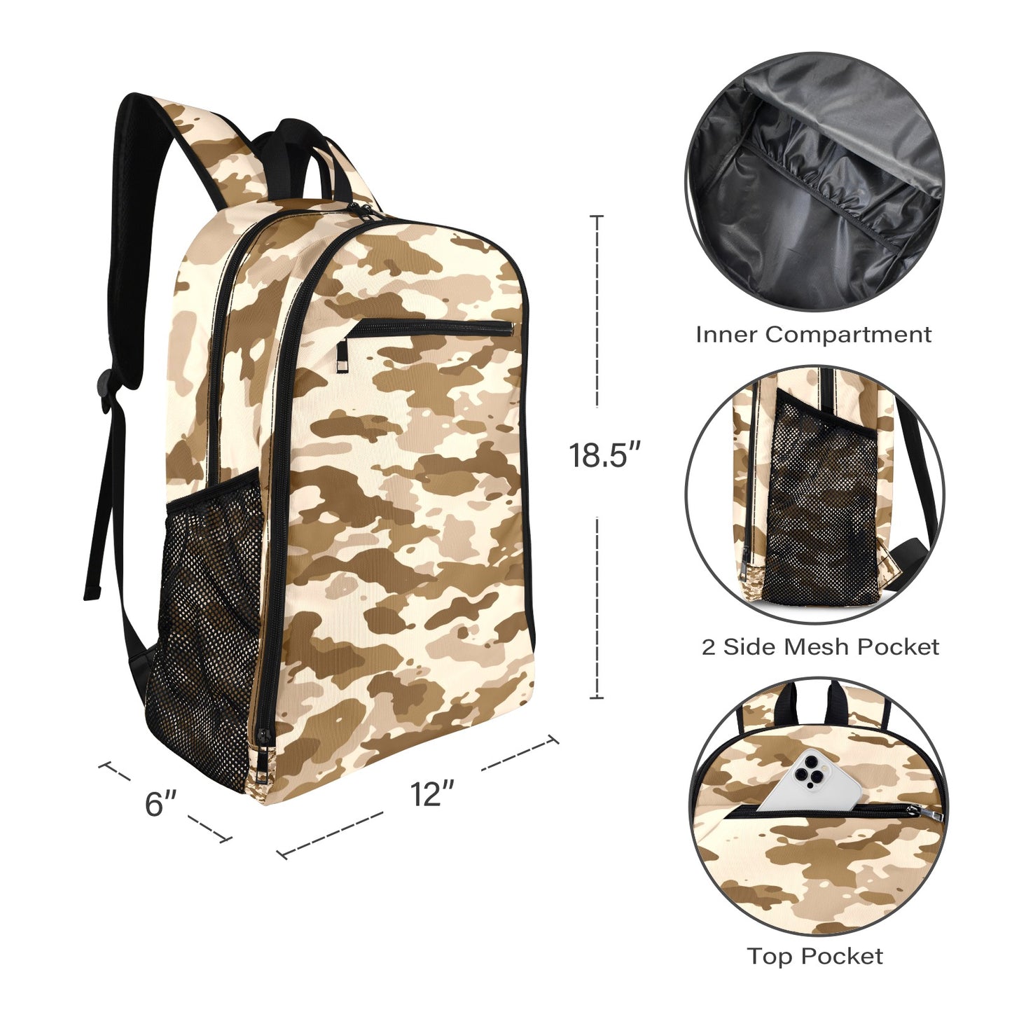 Tan Camo All Over Print Leisure Sports Backpack