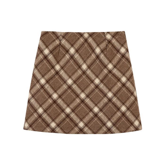 Retro Red Wool Plaid Skirt Women's High Waist A-Line Pencil Short Skirt