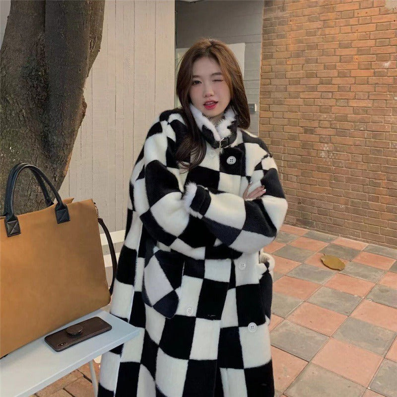 Plaid Harajuku Long Jacket for Women - Elegant Double Breasted