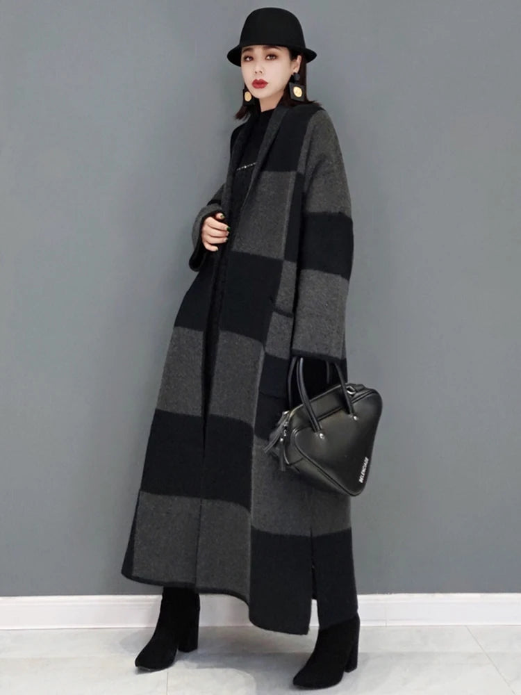 Vintage Plaid Knitting Trench Coat for Women