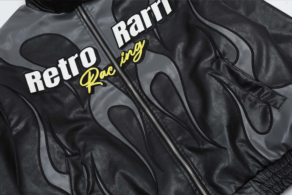 Harajuku Style Flame Letter Embroidery Leather Jacket