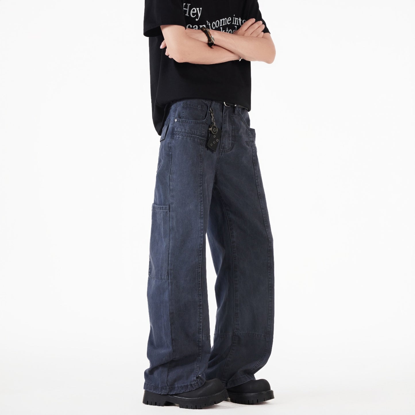 Casual Wide Leg Denim Jeans in Military Green & Ash Gray
