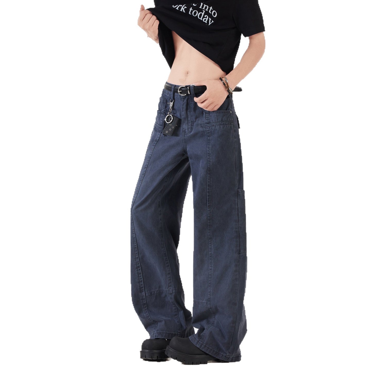 Casual Wide Leg Denim Jeans in Military Green & Ash Gray
