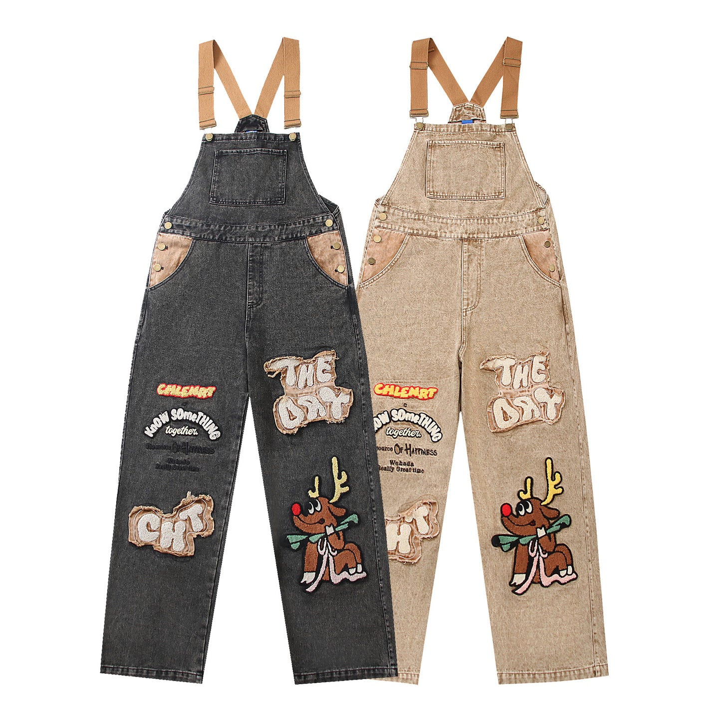Retro Cartoon Embroidery Denim Overalls