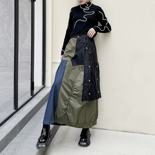 Retro Patchwork Denim High Waisted Skirt for Playful Fashion