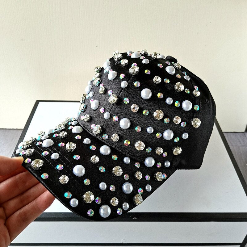 Harajuku Style Rhinestone Pearl Baseball Hat - White Pink