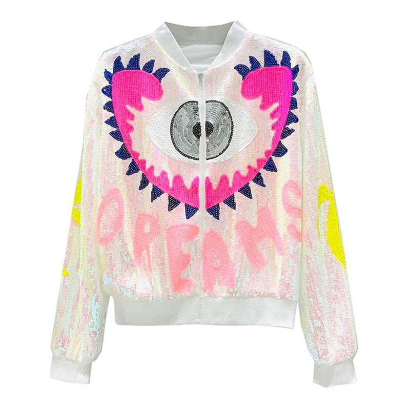 Harajuku Style Sequined Bomber Jacket - Multicolor Eye Design