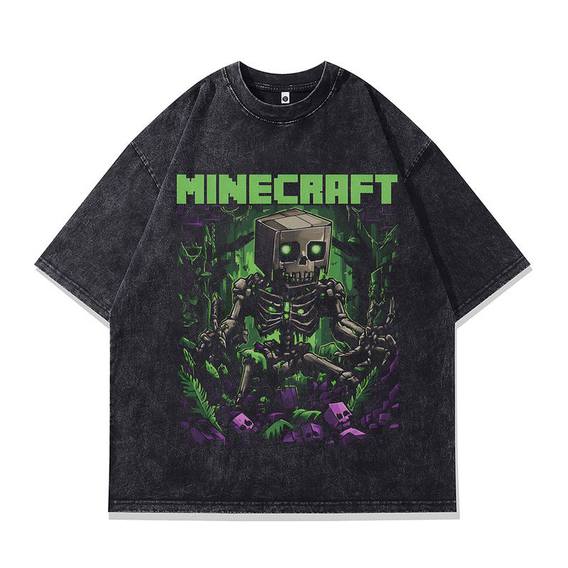 Skull Print Vintage Washed Loose Fit T-Shirt for Men