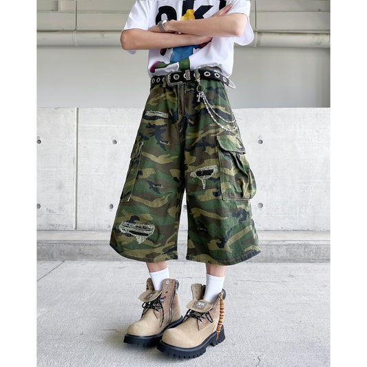 Camouflage Ripped Workwear Denim Cropped Pants