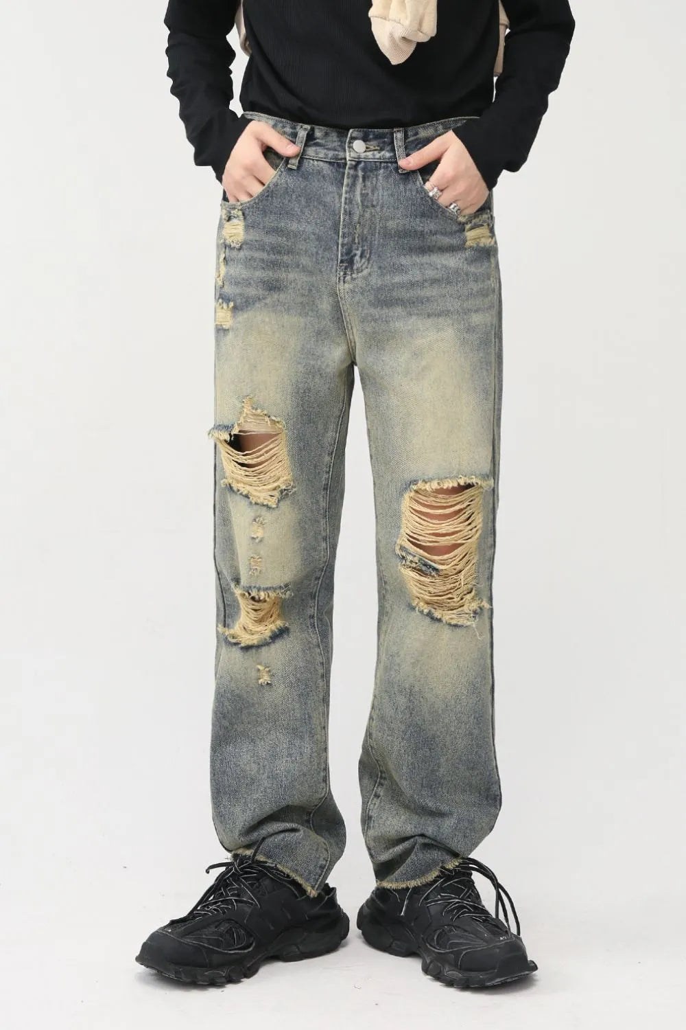 Distressed Mid Rise Jeans with Pockets - Harajuku Style