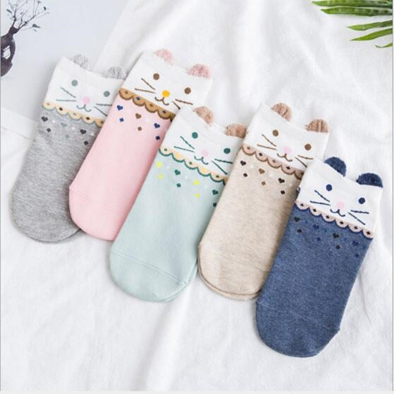 Cute Cat Ankle Socks - Pink Harajuku Style (5 Pairs)