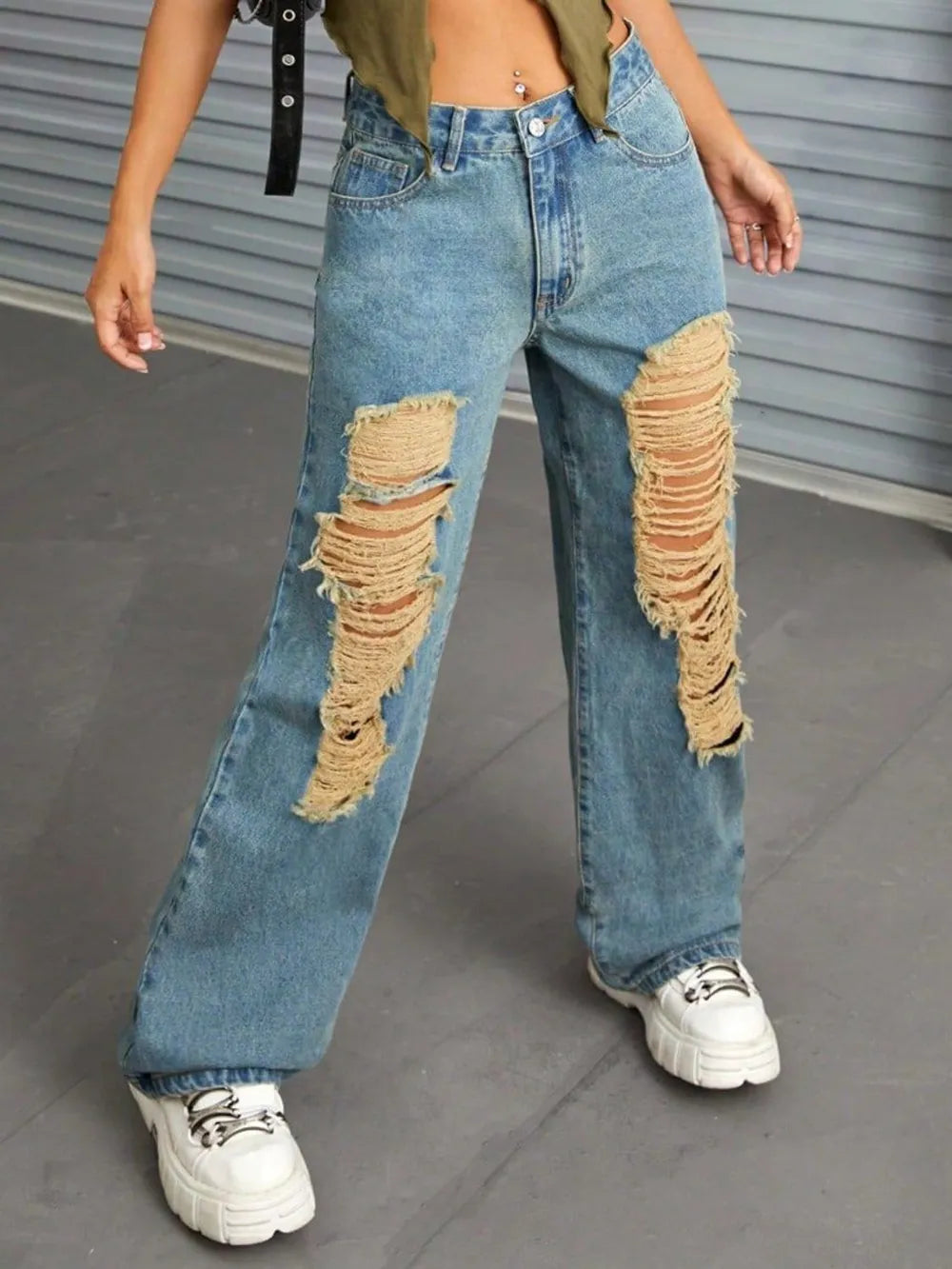 Distressed Wide Leg Jeans with Pockets - Harajuku Style