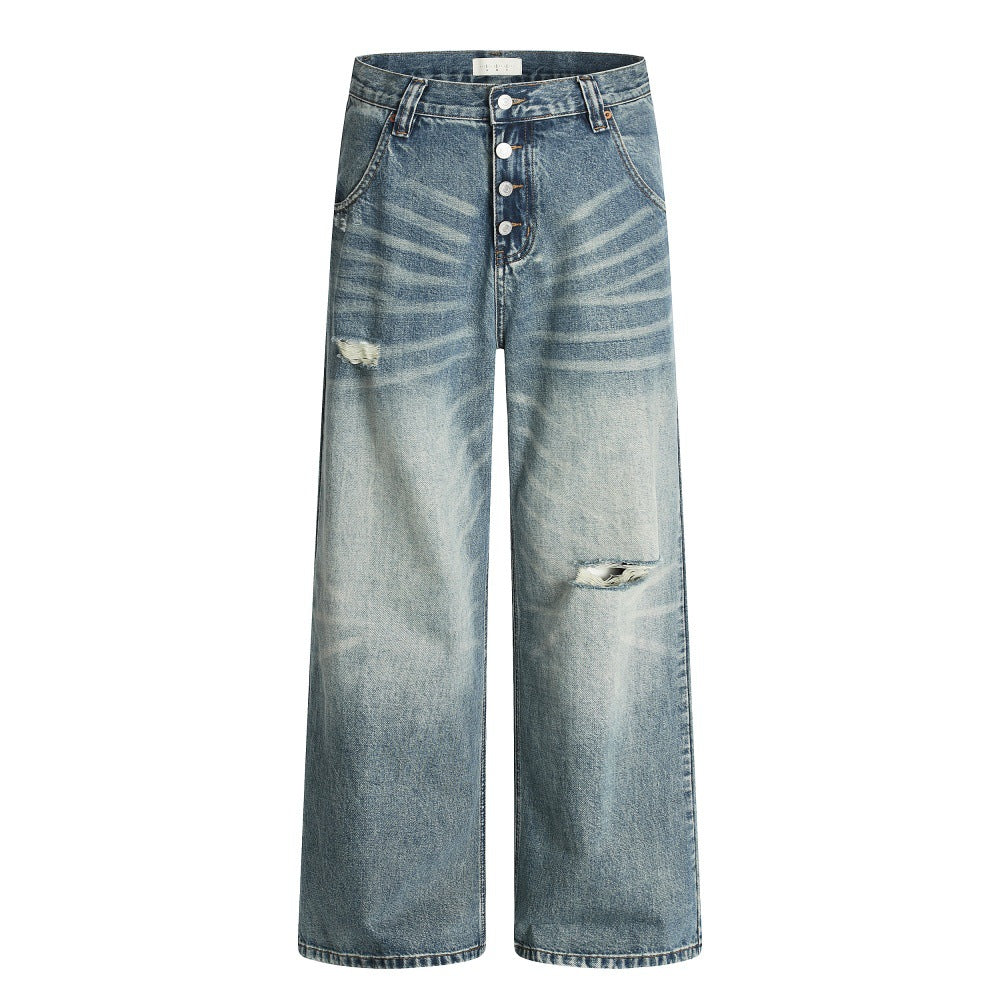 Playful Hole-Washed Denim Wide-Leg Pants for Men