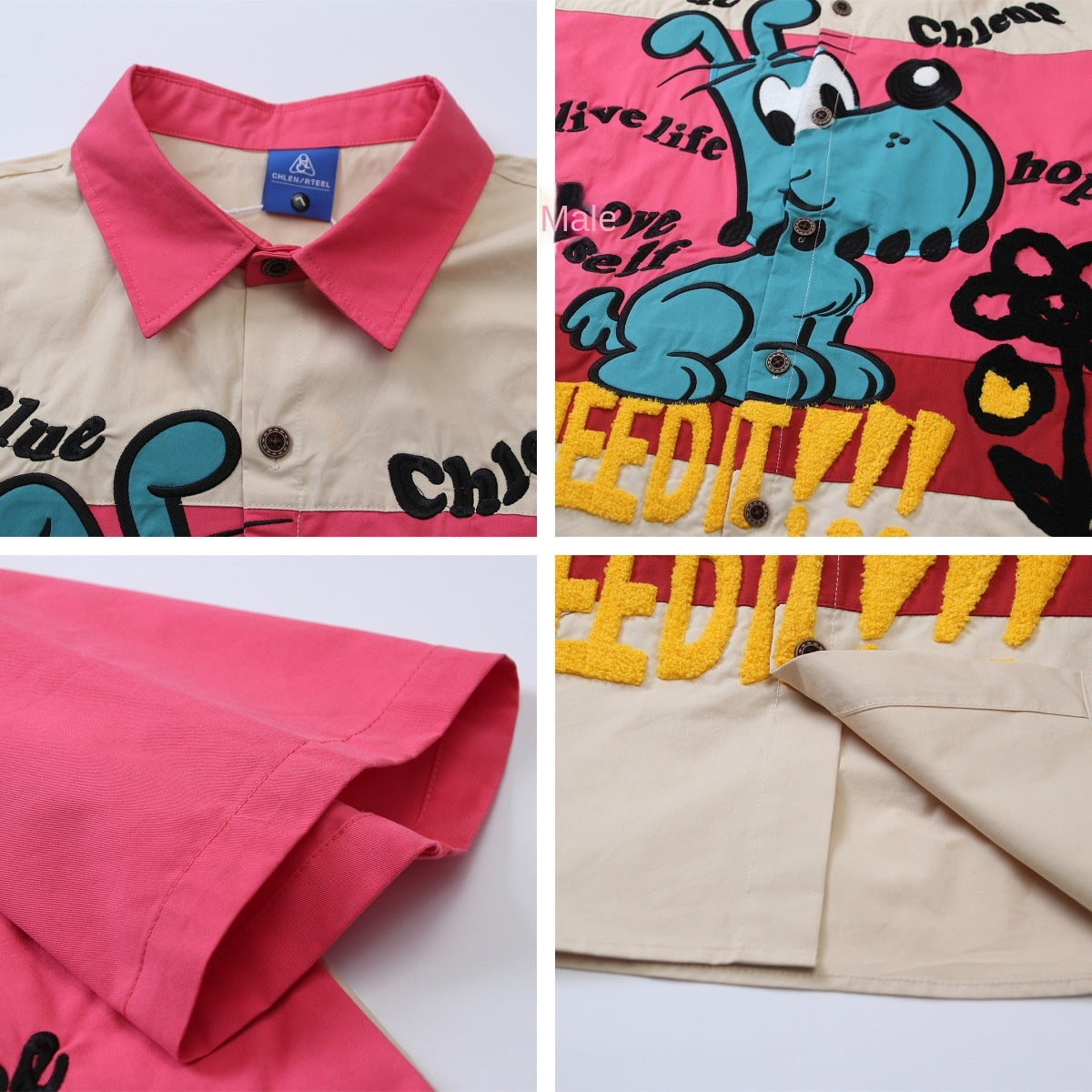 Retro Cartoon Embroidery Color Block Short Sleeve Shirt