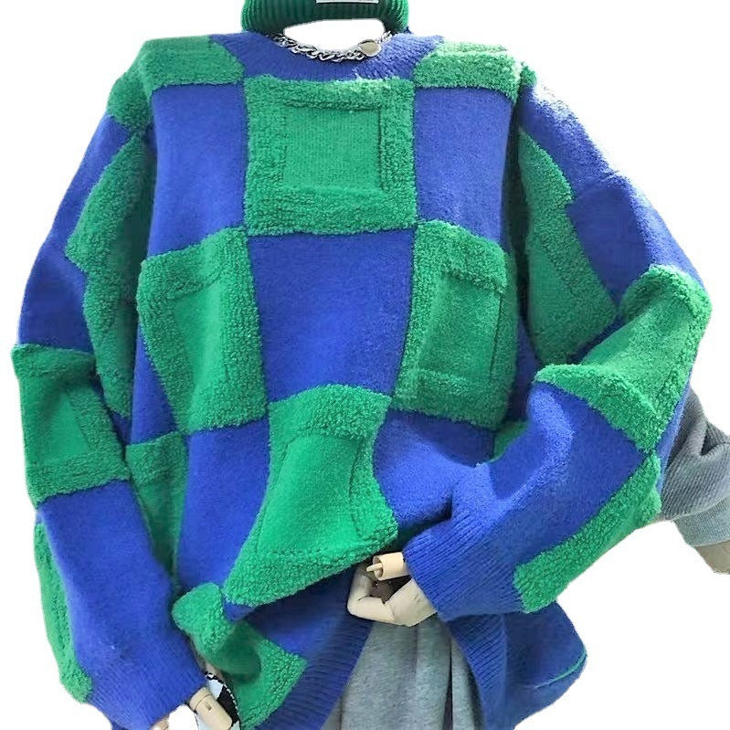 Harajuku Style Contrast Plaid Knit Top with Flocking