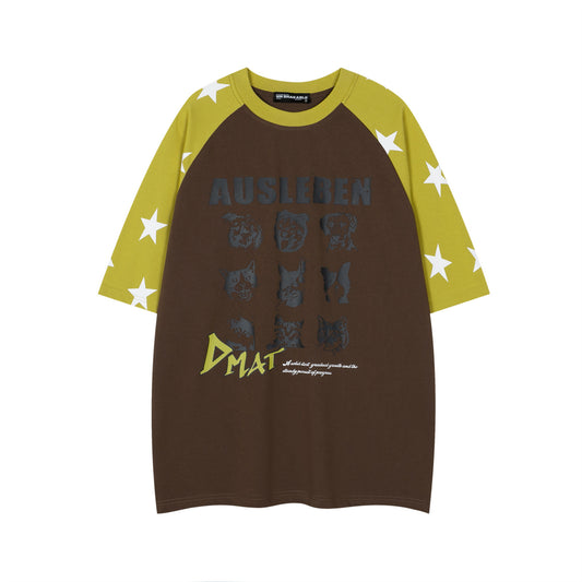 Retro Color-Block Dog Letter Print Raglan T-Shirt