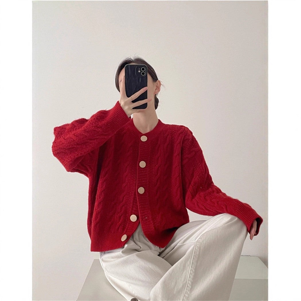 Gentle Style Short Knitted Cardigan with Cable Knit Pattern for Women – Loose Soft Round Neck Sweater Coat