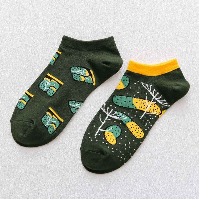 Playful Harajuku Men's Cotton Ankle Socks - Funny Animal & Fruit Designs