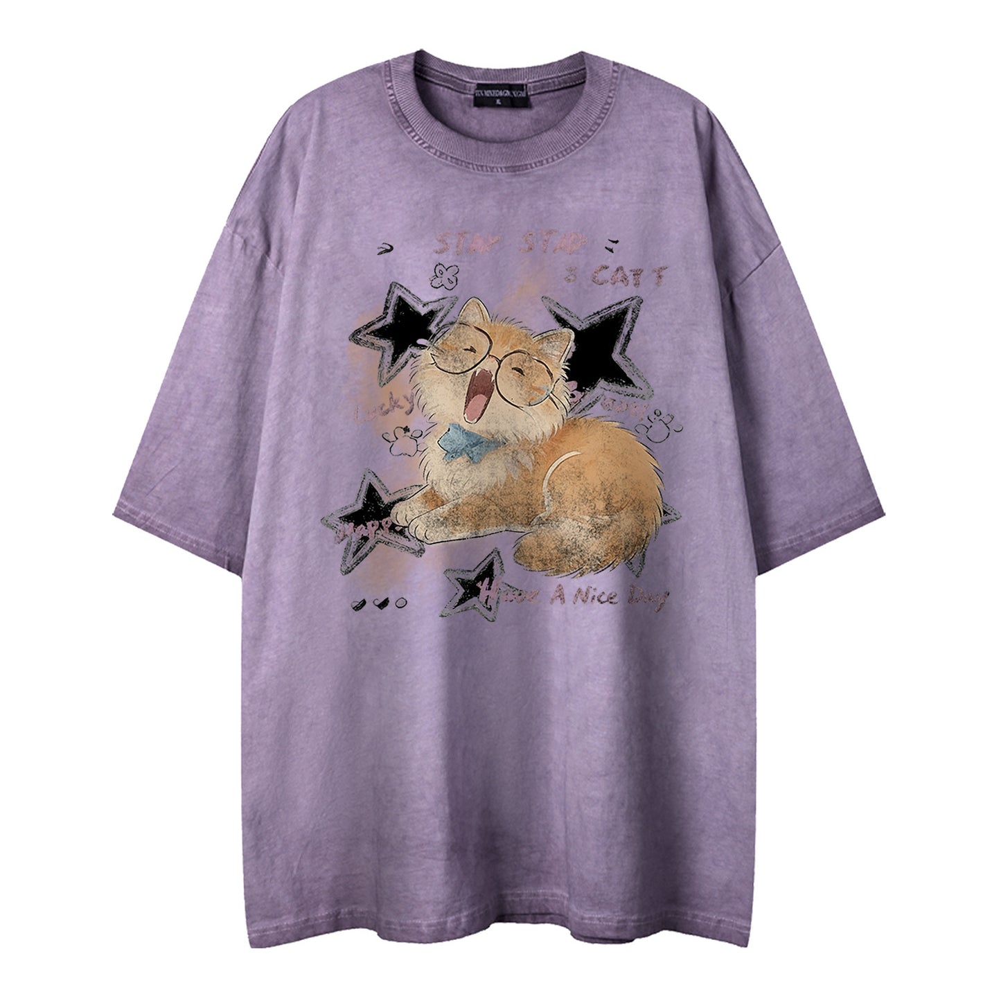 Soft and Cute Orange Cat Printed Short Sleeved Shirt - Harajuku Style Loose Fit