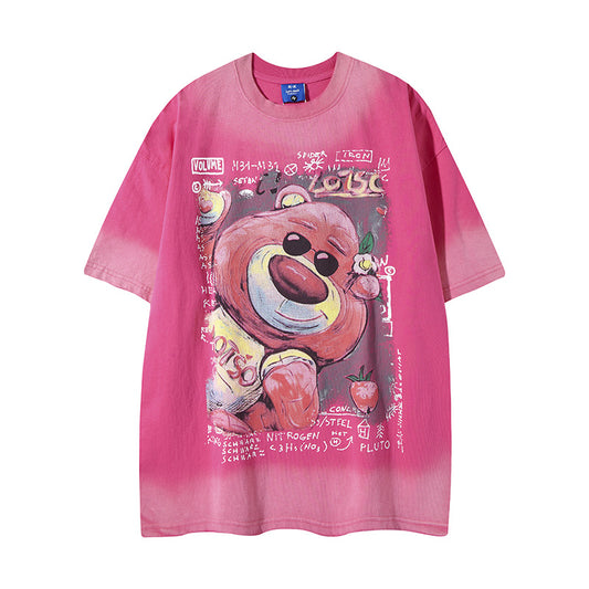 Retro Strawberry Bear Print Short Sleeve T-Shirt