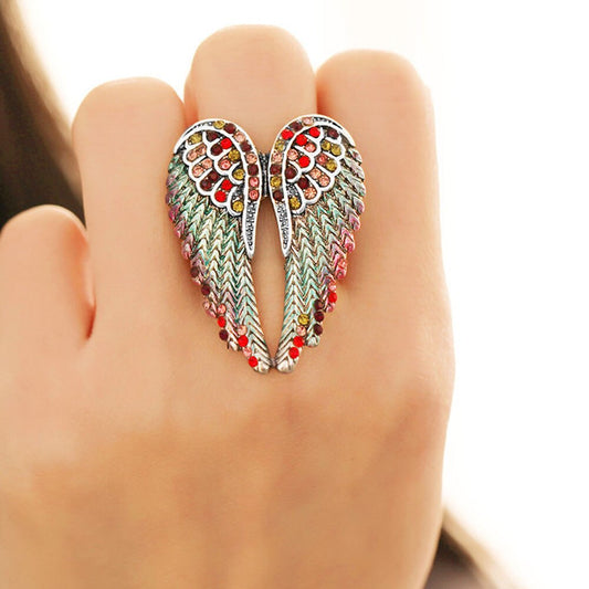 Angel Wings Stretch Ring - Antique Gold Biker Bling for Women