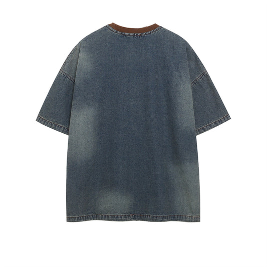 Color Block Washed Patch Embroidery Denim T-Shirt