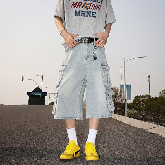 Retro Loose Casual Distressed Wide Leg Seven Quarter Pants