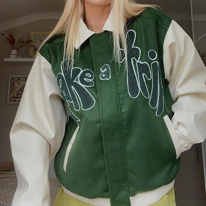 Harajuku Style Green Bomber Jacket with Contrast Sleeves