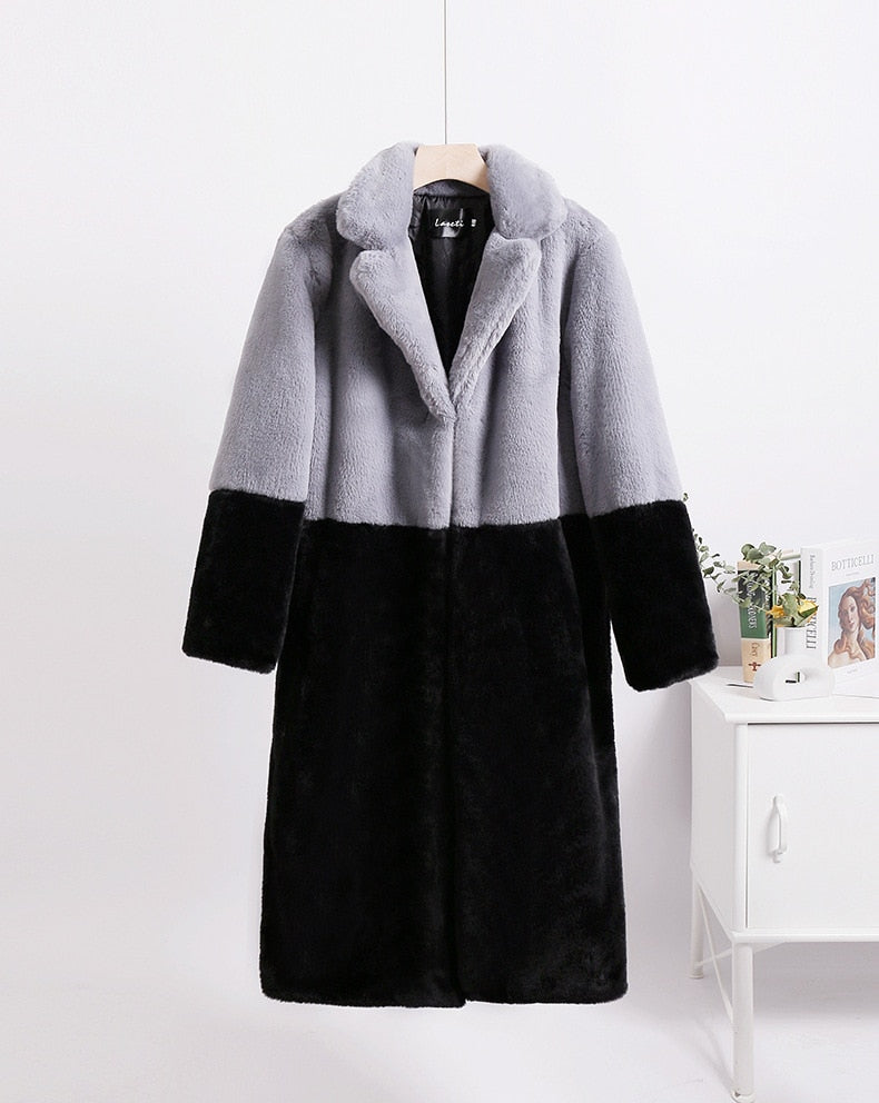 Mid-Length Mink Velvet Faux Fur Coat with Furry Collar