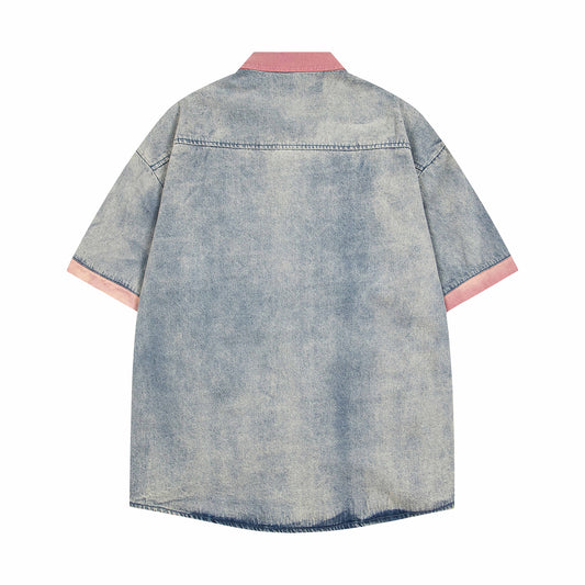 Playful Color Block Embroidery Denim Shirt - Unisex Summer