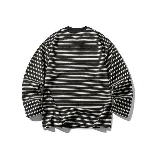 Stripe Color-block V-neck Loose Unisex Long Sleeve T-shirt
