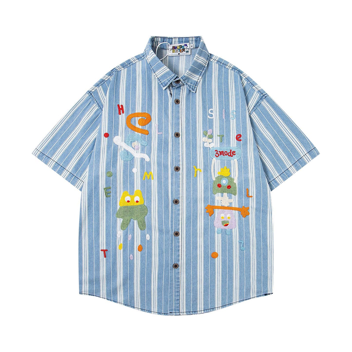 Retro Cartoon Embroidery Striped Denim Shirt