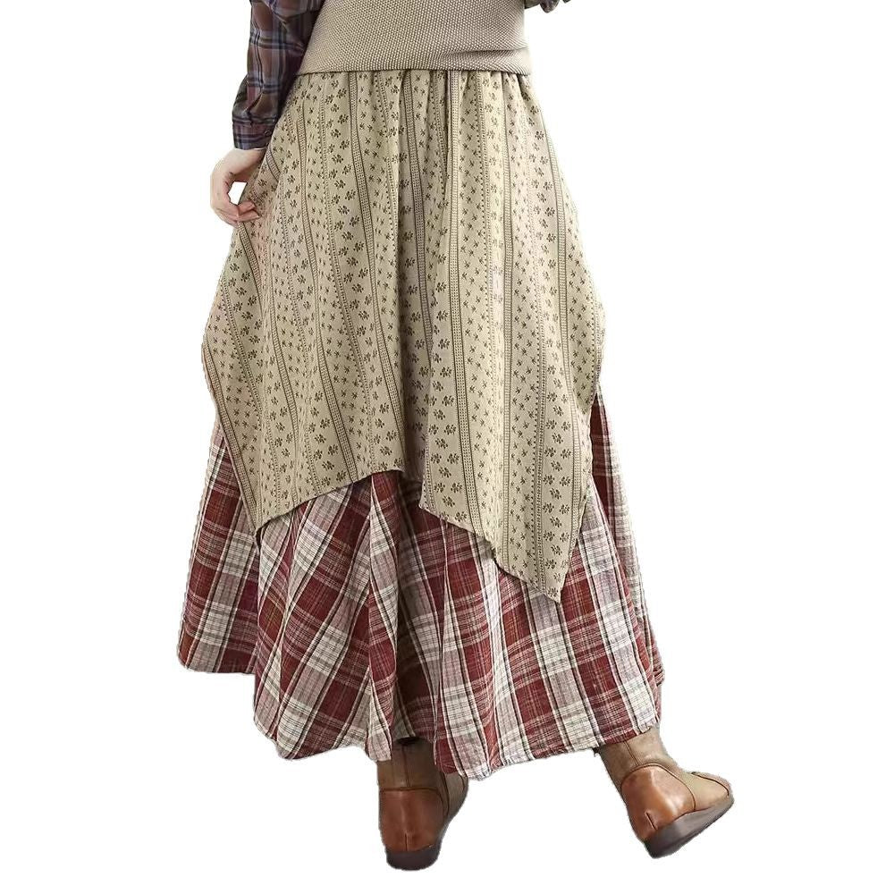 Literary Retro Lace Skirt for Women - Irregular Splicing Plaid Midi Skirt