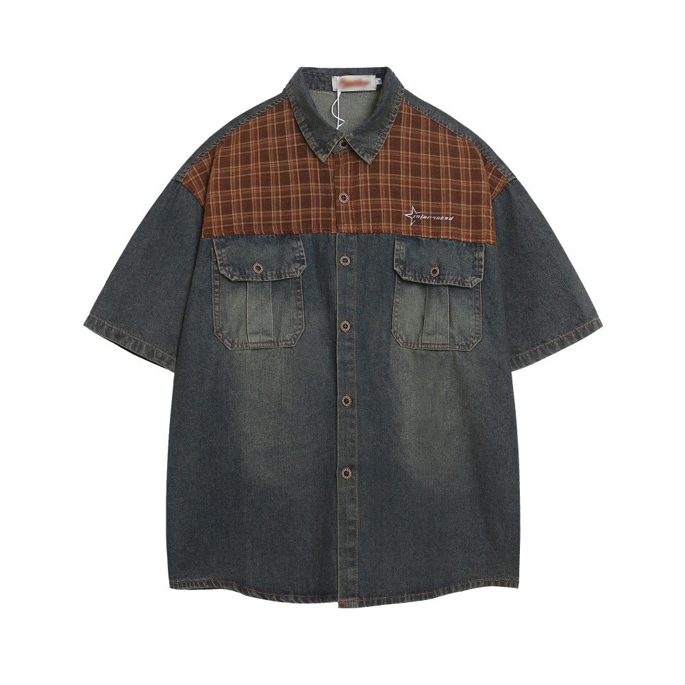 Punk Vintage Washed Denim Shirt with Color Block Plaid Collar