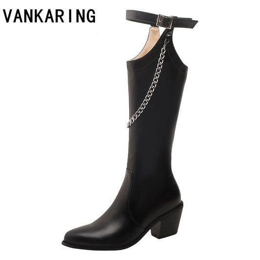 Pointed Chelsea High Heel Boots for Women with Belt Buckle and Metal Chain