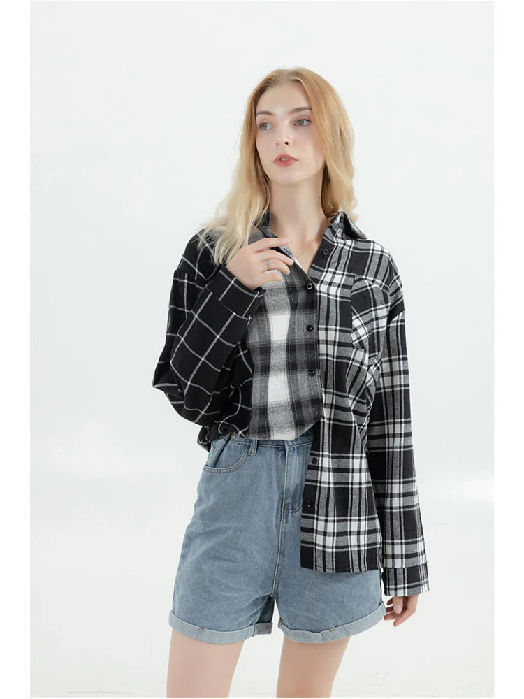 Oversized Plaid Patchwork Blouse - Harajuku Vintage Shirt