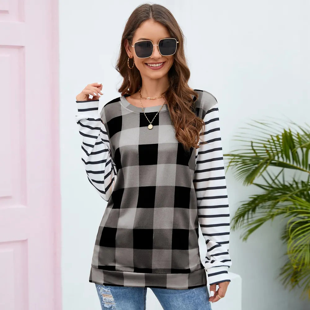 Harajuku Style Plaid Striped Round Neck Long Sleeve T-Shirt
