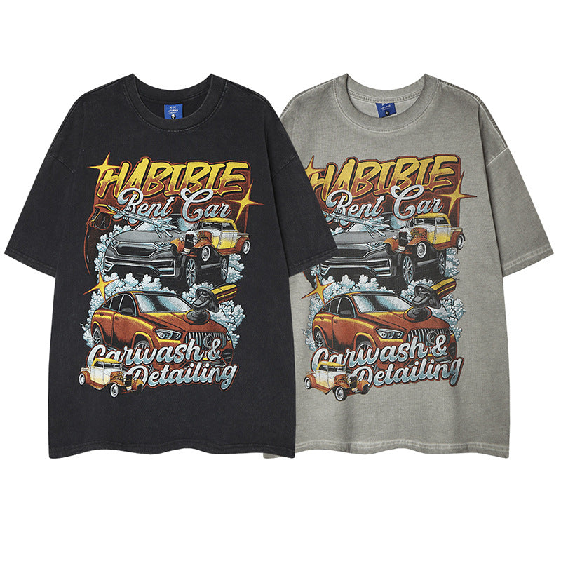 Retro Car Print Short Sleeve T-Shirt - Harajuku Style