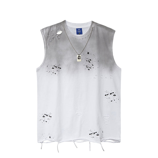 Style Printed Water-Washed Splatter Ink Sleeveless T-Shirt